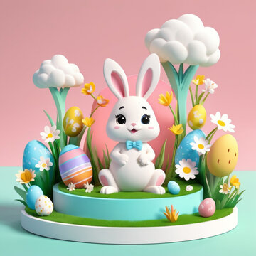 photo of a easter bunny with easter eggs background