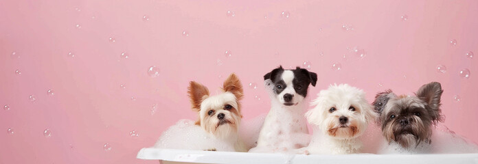 Cute pets taking a bath with soap bubbles