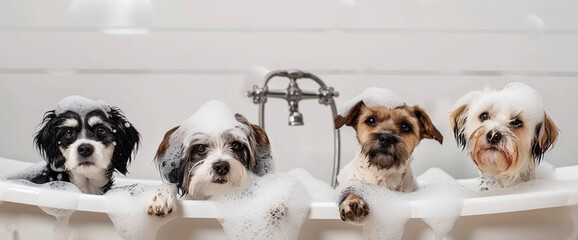 Cute pets taking a bath with soap bubbles - obrazy, fototapety, plakaty