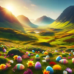 Foto op Canvas Wide Grassland with Easter eggs and flowers in the beautiful daylight landscape background © Turn3ase