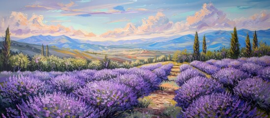 A painting depicting a sprawling lavender field in bloom, with majestic mountains towering in the...