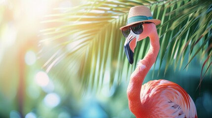 A pink inflatable flamingo with a suitcase on bright background. Summer sea holiday concept
 - obrazy, fototapety, plakaty