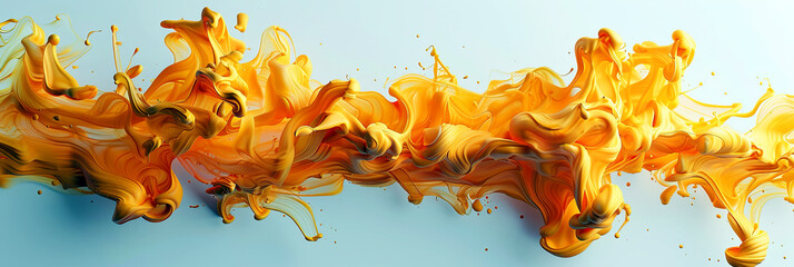 Bright yellow ink swirling and flowing underwater on white background. Wide format image. Generative AI. 