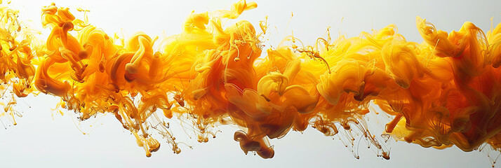 Bright yellow ink swirling and flowing underwater on white background. Wide format image. Generative AI.  - obrazy, fototapety, plakaty