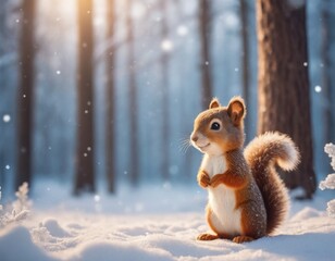 Illustration of a small squirrel is sitting in the snow