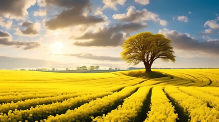 Panoramic view of blooming rapeseed fields surrounded by rolling hills - obrazy, fototapety, plakaty