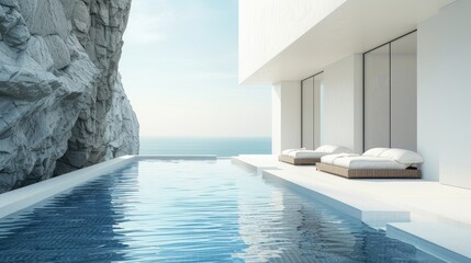 a pool featuring white walls juxtaposed with a black cliff wall, showcasing the seamless integration of art and architecture in minimalist interior design.