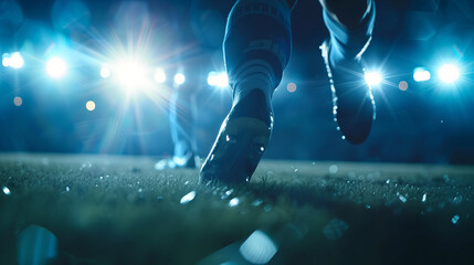 Close-up Legs of a football player on a football field in the light of floodlights during a football match game
