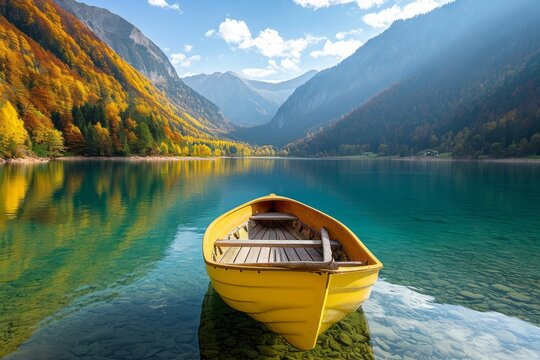 Yellow boat in a lake among mountains and yellow trees. The concept of vacation, travel, tourism.
