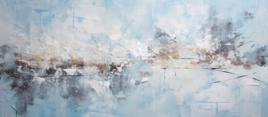 This abstract painting features a blend of blue and white colors, with textures reminiscent of...