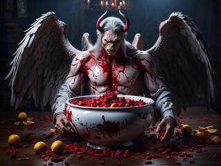 A white demon in front of a large bowl