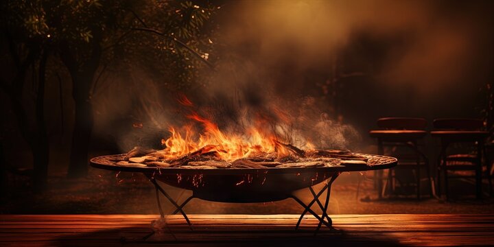 Empty barbecue table with fire burning in background