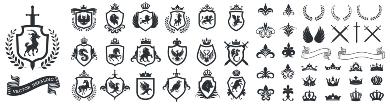 Set of Heraldic Vector Elements. Heraldic Animals Set.
