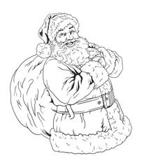 A black and white Santa a huge sack of gifts. Vector line drawing