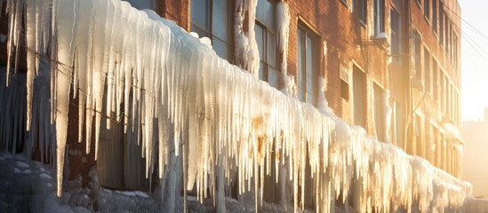 Various icicles of different sizes hang from the side of a building, gradually melting under the warm rays of the spring sun. These icy formations pose a potential hazard as they may fall to the