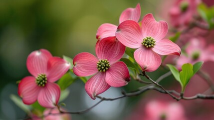 Fototapeta premium Blooming soft pink dogwood branches on a blurred light background. The concept for the development of horticultural farms and small businesses growing non-GMO products. 
