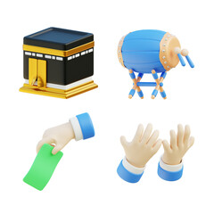 3D Ramadan icon isolated white background, 3D rendering, muslim icon, kaaba, alms, pray, money, hand, bedug