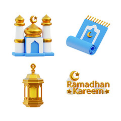 3D Ramadan icon isolated white background, 3D rendering, muslim icon, mosque, prayer mat, ramadan kareem , lantern