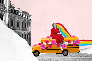 Collage image of black white effect grandmother sit roof mini floral bus point finger rainbow city...