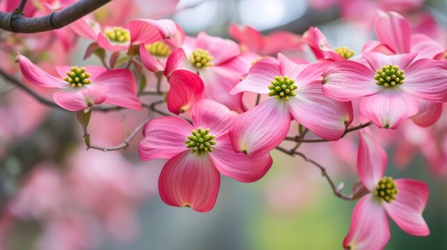 Blooming soft pink dogwood branches on a blurred light background. The concept for the development of horticultural farms and small businesses growing non-GMO products.
