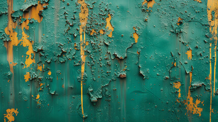 Old green paint on the metal and drips of rust. grunge vintage texture for background, generative ai