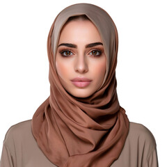 Portrait of smiling Arab woman in hijab looking at camera, isolated on transparent background