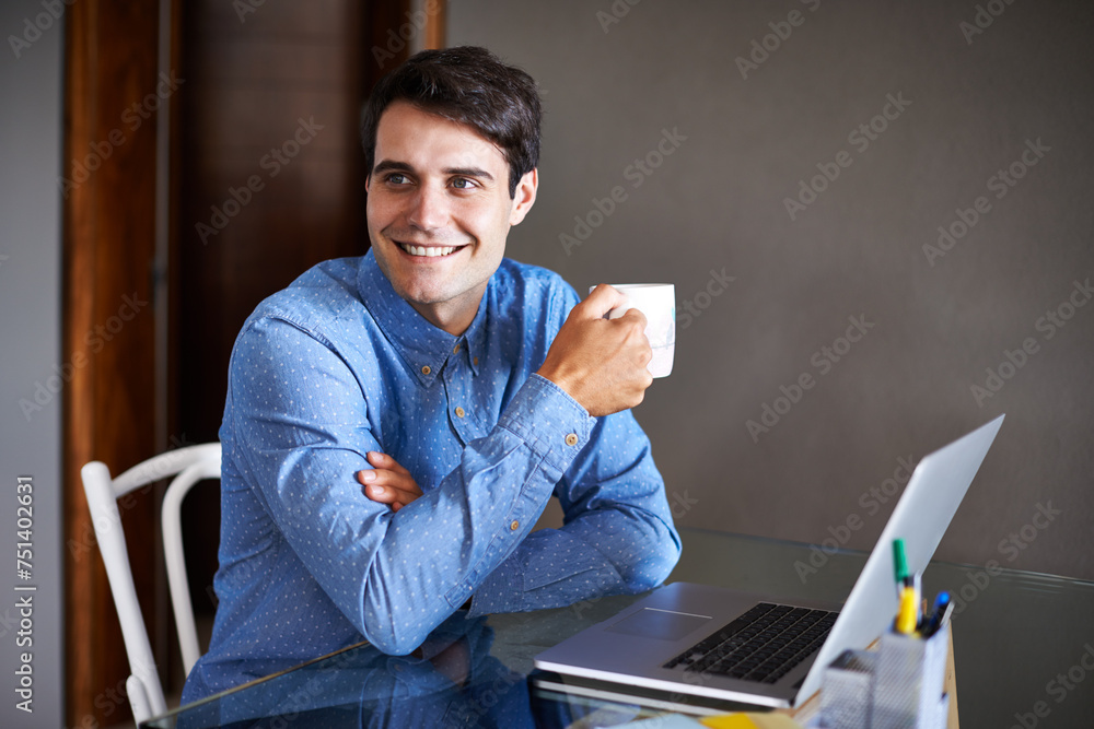 Poster remote work, laptop and business man with coffee working from home on project, proposal and research