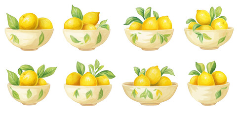 watercolor art of lemon in white bowl isolated on a white background as transparent PNG