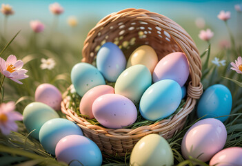 Fototapeta na wymiar pastel easter eggs in basket forest background