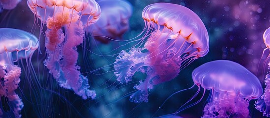 A group of majestic mauve stinger and mesmerizing purple jellyfish gracefully swim in the aquarium, showcasing their elegant movements as they interact with pelagi and noctiluca. - obrazy, fototapety, plakaty
