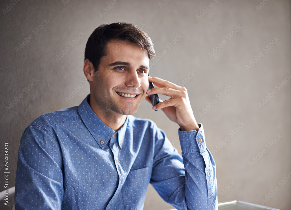 Aufkleber Phone call, office and business man in conversation, discussion and talking for b2b networking. Professional, corporate and person on smartphone for communication, chatting online and speaking