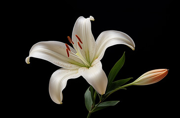 illustration of white lily flower on black background. Created with Generative AI