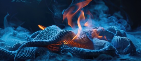 A pile of blue knitted mitts is on fire, with flames engulfing the fabric. The mitts appear to be old and worn, with a hole in the knitted fabric, possibly due to an infectious disease.