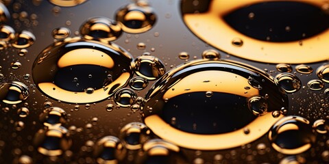 Close-up photo of gleaming golden oil bubbles floating serenely on a dark liquid's surface,...
