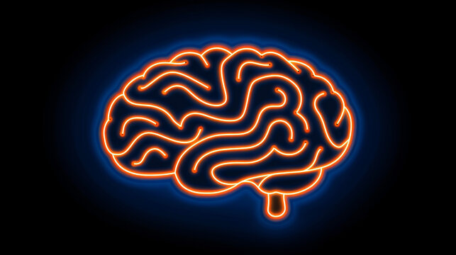 An image of a neon brain on dark blue background. Concept of intellectual mind, development and learning.