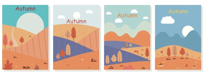 Flat illustration. A set of autumn landscape posters. Drawing with trees, mountains, fields, leaves, mushrooms, sun and clouds. Rural landscape. Autumn background...