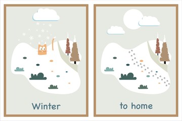 Flat cartoon poster. Flat winter landscape with a cat and its tracks. Inscription "Winter, to home" Suitable for poster, book cover, brochure, magazine, invitation, postcard, booklet...
