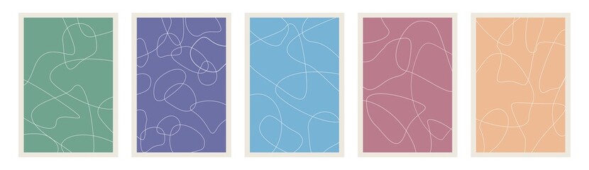 Flat illustration. Bright colored posters. Abstract white circles. Suitable for cover design, home decor, postcards. Blue, dark blue, pink, yellow, green poster template...