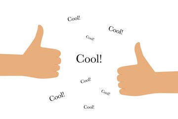 Flat illustration. Hand pose concept. Male or female hands with finger up. Inscriptions "Cool!". Cartoon style. Suitable for a sticker or emoji for messengers...