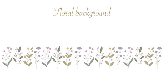 Flat illustration. Horizontal white banner on a white background or floral background decorated with beautiful colorful blooming spring flowers and leaves...