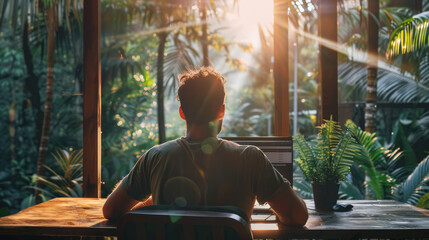 A person sits in contemplation at a wooden desk, basking in the warm, tranquil sunlight filtering through a lush tropical forest.
