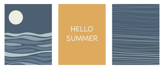 Flat posters. Travel concept. Illustrations with ocean waves and the sun. Set of three isolated cards...