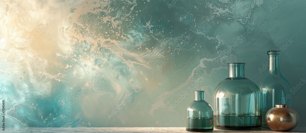 Poster several vases of different shapes and sizes are arranged neatly on top of a wooden table. the vases 