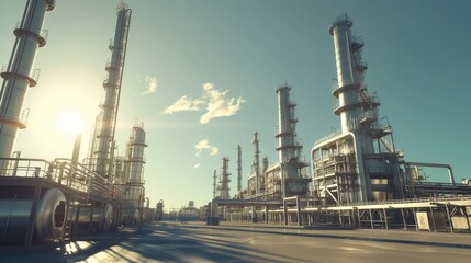 an oil refinery under clear skies and good weather conditions, highlighting the intricate machinery and structures against a backdrop of blue skies and fluffy clouds.