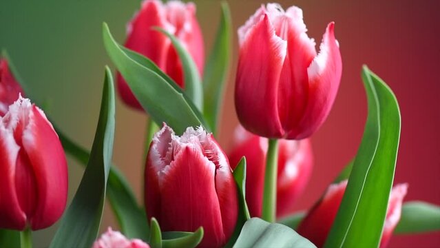 Tulip flowers bunch. Blooming red tulips flower rotating on green background, closeup. Holiday gift, bouquet, buds. Beautiful spring flowers macro shot. Birthday gift concept