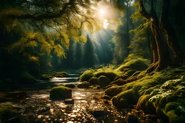 Fotobehang Bosrivier Forest in wonderful light with flowing river