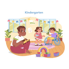 Inclusive kindergarten scene. Flat vector illustration
