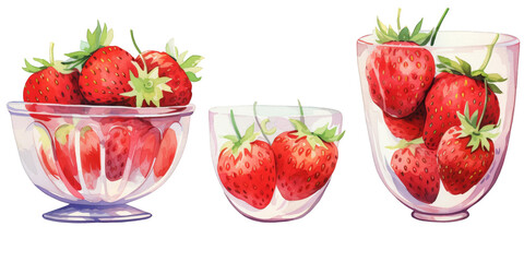 watercolor art of strawberry in glass bowl isolated on a white background as transparent PNG