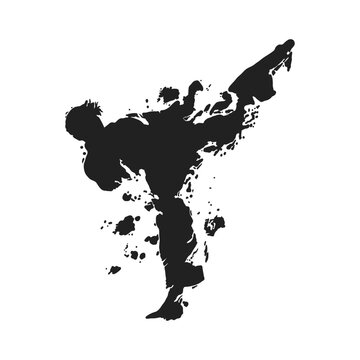 A high kick and a striking silhouette in a black and white martial art illustration