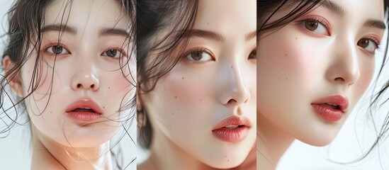 This collection showcases three distinct profiles of an Asian womans face, highlighting her features and natural beauty. Each image captures her unique expressions and skin tone, portraying a serene